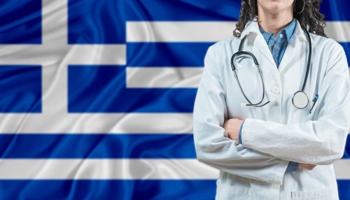 Medical professional on Greek flag. Healthcare and wellness in Greece, Concept