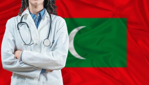 Medical professional on Maldivian flag. Healthcare and wellness in Maldives, Concept