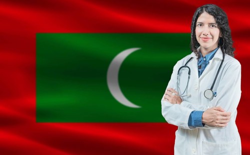 Maldivian medicine and healthcare concept. Close up of doctor against Maldivian flag background