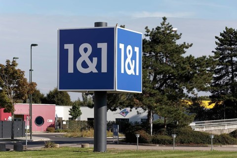 Telecommunications company 1&1, advertising column at the company headquarters 1&1 Versatel, United