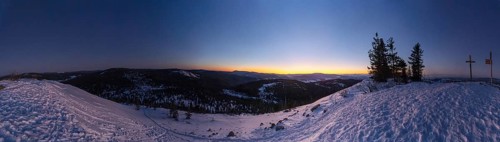 View from Mount Lusen over the hills of the bavarian forest at sunrise in winter, Bavaria, Germany