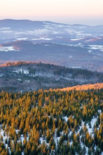 View from Mount Lusen over the hills of the bavarian forest at sunrise in winter, Bavaria, Germany
