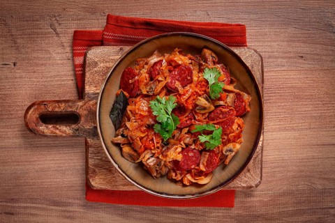 Bigos, bigos Polish dish, stew with cabbage and chorizo sausages, mushrooms, homemade, no people