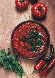 Chashushuli, a traditional Georgian dish, spicy, stewed meat with tomatoes and spices, homemade, no