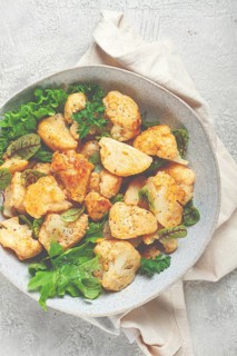 Fried cauliflower salad, with spices and herbs, homemade, no people