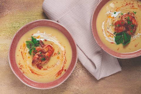 Pumpkin cream soup with shrimp, herbs and spices, homemade, no people
