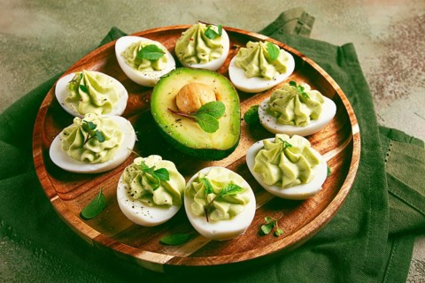 Snack, stuffed eggs with avocado, homemade, no people