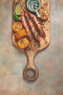 Langoustines on skewers, shrimp kebab, with fried corn, spices and herbs, homemade, no people