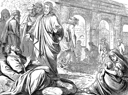 The healing at the pool of Bethesda, Jesus speaks, get up, take up your bed and go to the water,