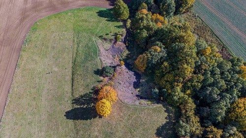 On a clear day, colorful trees stand on the edge of an extinct volcano. The autumn colors bring