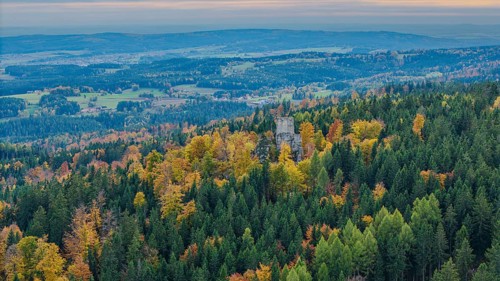 The ruins of Weissenstein Castle rise above a colorful forest whose leaves glow in autumn. The