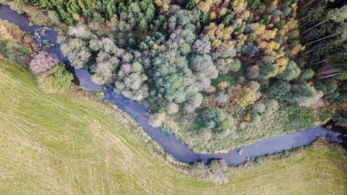 This scene shows a gently flowing river surrounded by colorful trees. The colors of autumn give the