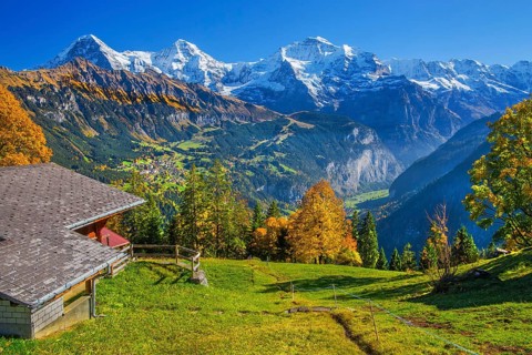 Autumn landscape in the hamlet of Sulwald with views of Wengen and Eiger 3967m, Mönch 4110m,