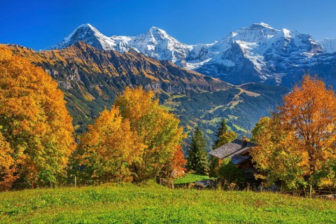 Autumn landscape in the hamlet of Sulwald with Eiger 3967m, Mönch 4110m and Jungfrau 4158m,