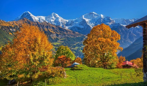Autumn landscape in the hamlet of Sulwald with views of Eiger 3967m, Mönch 4110m and Jungfrau