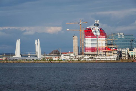 The Lilla Bommen building called Lipstick at harbor on Gota river bank, Gothenburg, Sweden