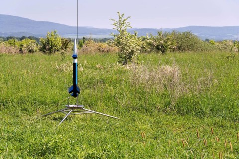 Rocket model prepare for takeoff launch, summer sunny day Prague Czech republic