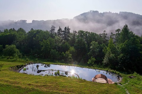Pretty wooden pier at natural swimming pond or pool, NSP, purifying water without chemicals through