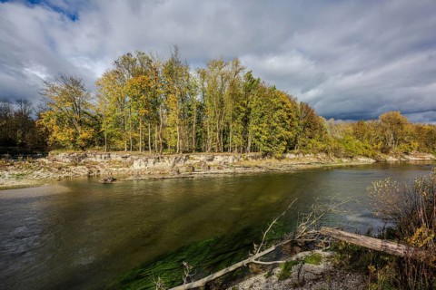 The restored Isar flows through a picturesque landscape in autumn. The trees along the shore show
