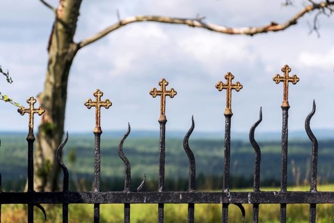 Beautiful small iron crossed fence decoration, graveyard wall with green woods in background, life