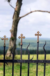 Beautiful small iron crossed fence decoration, graveyard wall with green woods in background, life