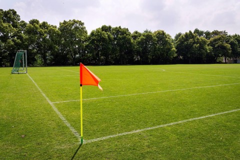 Orange vivid corner flag on fresh green football ground, trees in background, sunny summer day