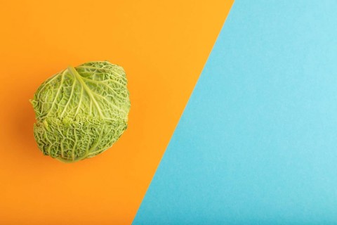 Green lettuce on blue and orange pastel paper background. Top view, copy space, flat lay. healthy