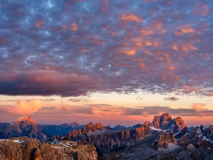 Alpenglühen, Rifugio Lagazuoi and rugged Dolomite peaks at sunset, Dolomites, Alps, Belluno