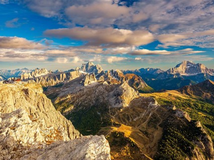 Rifugio Lagazuoi and rugged Dolomite peaks, in the middle of Monte Pelmo, Civetta on the right,