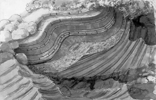 Juction of strata, Isle of Man, Scotland, illustration by John Clerk of Eldin from the publication