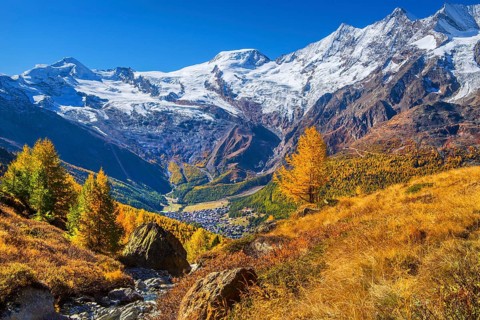 View from Kreuzboden to Saas-Fee with Alalin 4027m, Alphubel 4206m and Mischabel Group 4545m in