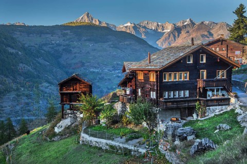 Mountain farm on the outskirts of the village above the valley, Grächen, Mattertal, Valais,