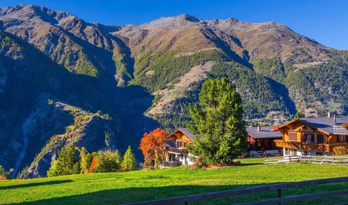 Typical houses across the valley, Grächen, Mattertal, Valais, Switzerland