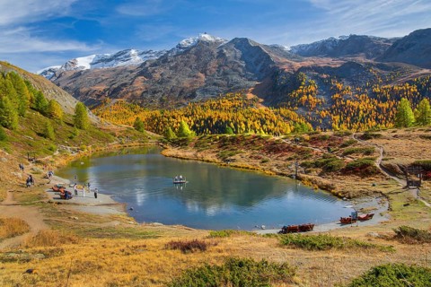 Leisee below the Sunnegga in autumn, Zermatt, Mattertal, Valais, Switzerland