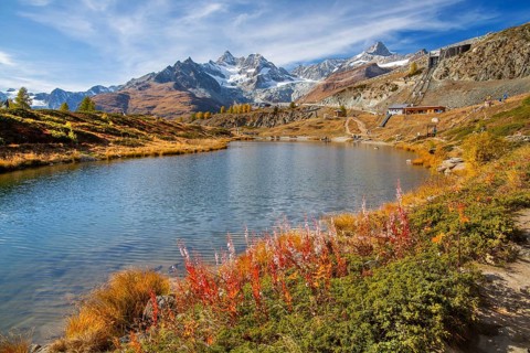 Leisee below the Sunnegga with Zinalrothorn 4221m in autumn, Zermatt, Mattertal, Valais,