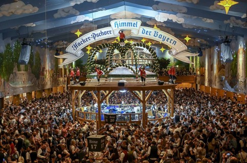 Hacker-Pschorr festival tent, Bavarian sky, interior view, Oktoberfest, Munich, Bavaria, Germany