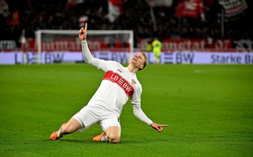 Goal cheers Chris Führich VfB Stuttgart (10) MHPArena, MHP Arena Stuttgart, Baden-Württemberg,