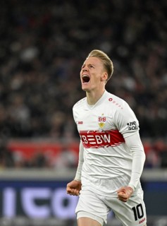 Goal cheers Chris Führich VfB Stuttgart (10) MHPArena, MHP Arena Stuttgart, Baden-Württemberg,