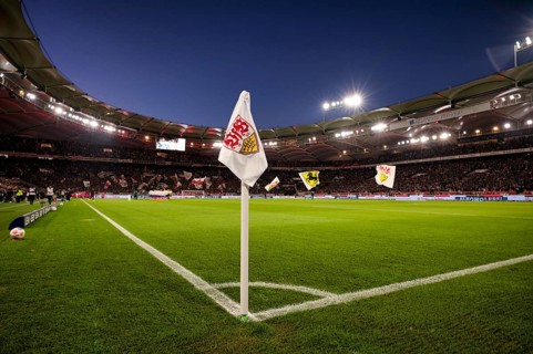 Overview, total, corner flag, logo, VfB Stuttgart, evening game, blue hour, floodlight, MHPArena,