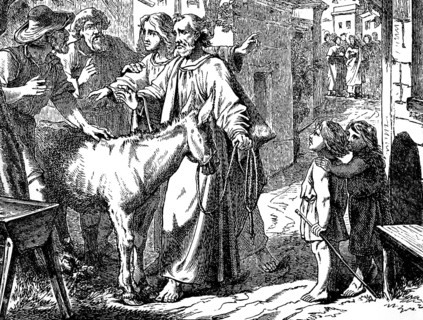 The Lord needs him, a disciple buys a foal for Jesus at the market near Bathania, Gospel of Luke,