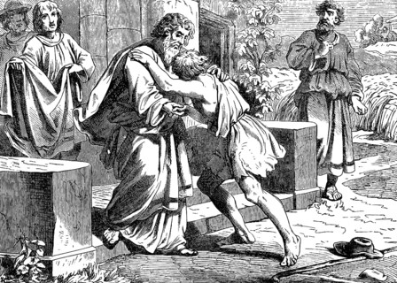 Return of the prodigal son and his father recording, Gospel of Luke, chapter 15, embrace,