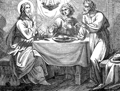 The Risen One is recognized when breaking bread, Gospel of Luke, chapter 24, room, oil lamp, table,