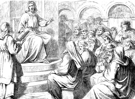 Jesus preaching in the Nazareth synagogue, Gospel of Luke, chapter 4, proclaiming the Gospel, poor,