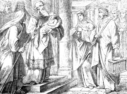 The pious and godly Simeon and the prophetess Anna in Jerusalem, Gospel of Luke, chapter 2, holy