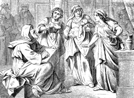 Zacharias wrote and spoke his name is John, Gospel of Luke, chapter 1, Elizabeth with baby, scribe,