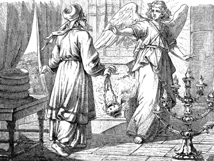 An angel announces the birth of John the Baptist to the pious priest Zacharias, Gospel of Luke,