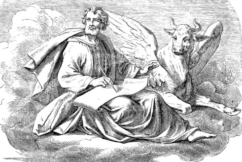Symbolic image for introduction to the Gospel, Gospel of Luke, Apostle Luke with bull, wing,