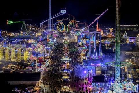View of Oktoberfest from St. Paul's Catholic Church, Blue Hour, Munich, Bavaria, Germany