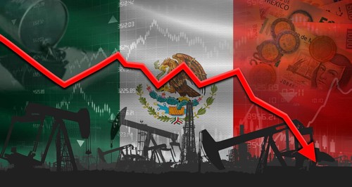 Fall oil price with flag of Mexico on economic chart, Petrol crisis with Mexico flag on financial