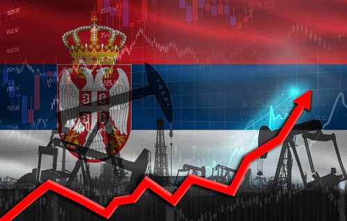Oil production with Serbia flag, petrol industry. Oil pumps with Serbia flag